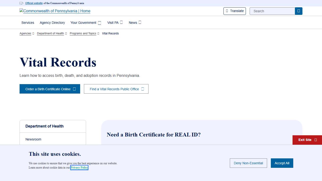 Vital Records Department of Health Commonwealth of Pennsylvania